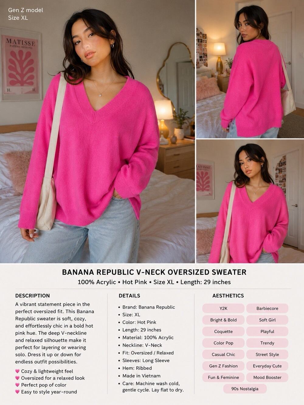 Banana Republic V-NECK SWEATER Hot Pink XL NWOT